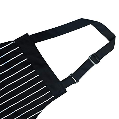 SHARLOVY Bib Aprons for Women with Pockets,Chef Aprons for Men Black White Striped Kitchen Cook Apron Plus Size Bulk,Long Tie Adjustable Neck Apron 2 Pack
