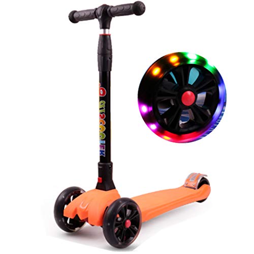 Jipemtra Scooters for Kids 3 Wheel T-bar Adjustable Riding Kick Scooters for Kids Height Adjustable LED PU Flashing with Graffiti Christmas Birthday Age 2~10 (Orange Foldable)