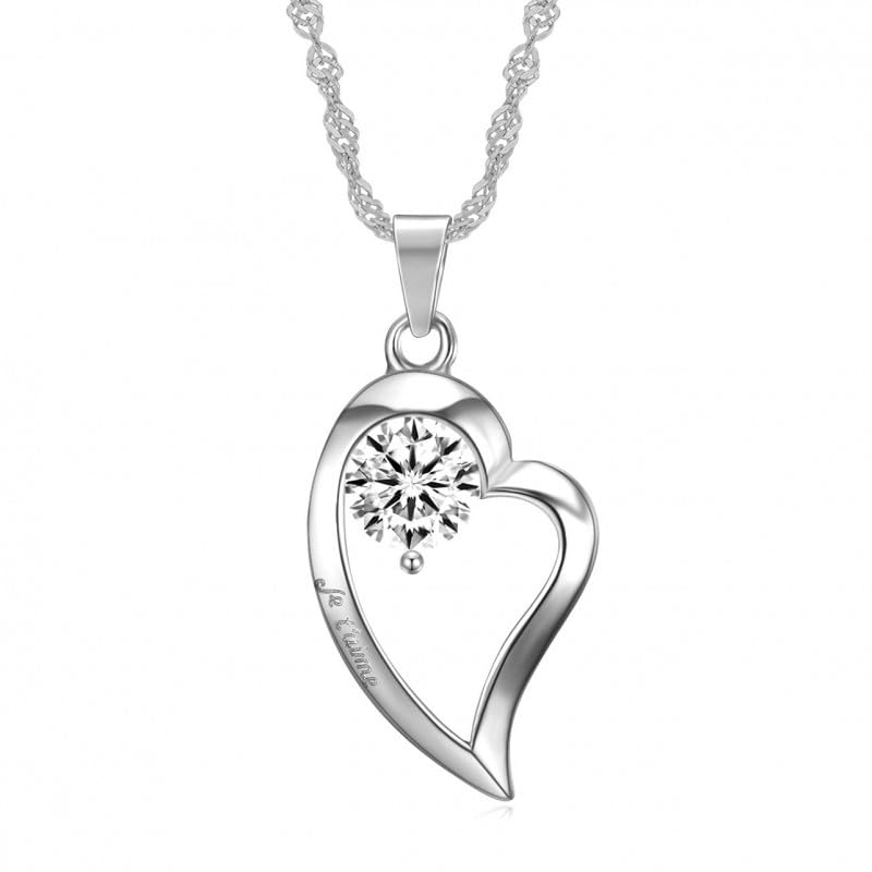 BOBIJOO JEWELRY - Pendentif Collier Coeur Amour Je T'Aime Faux Diamant Ziconium Acier 316L Argenté Chaîne