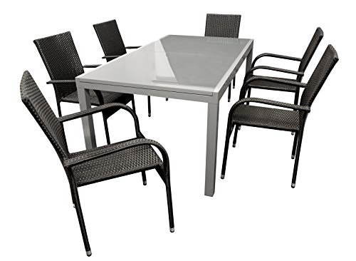 DEGAMO Gartengarnitur Vienna 7-teilig, 6X Stapelsessel aus Polyrattan schwarz sowie 1x Ausziehtisch Aluminium + Glas 180…