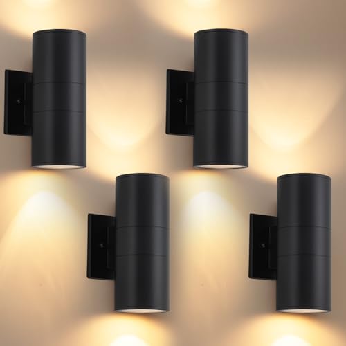 Easyusahome 4 Pack Outdoor Sconce Lights for House, Modern Black Exterior | Light Fixtures, Cylinder Up and Down Wall Sconce, IP65 Waterproof Anti-Rust Porch Lights Wall Mount for Front Door Garage
