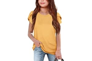 Haloumoning Girls' Summer T Shirts Crewneck Petal Short Sleeve Cute Casual Tops