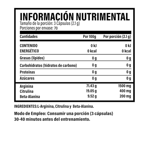 Arginina Platinum 2100mg por porción | L Arginina + L Citrulina + Beta Alanina | Pre Workout | Pre Entreno sin Cafeina | Precursor de Oxido Nítrico | Rendimiento y Energia | Testrol TSN (210 Cápsulas).