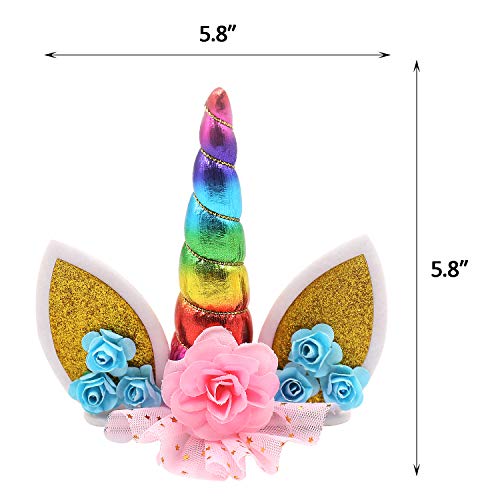Unicorn Cake Topper Handmade Iridescent Unicorn Horn Ears and Flowers Cake Decor(Rainbow Color) - Thumbnail 2