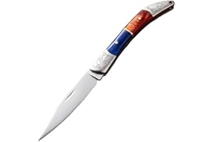 Portable Folding Pocket Knife, 420J2 Stainless Steel Blade, Blue and Red Handle with Engraved Design, 7.3cm Blade, Multi-Func