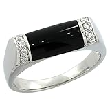 Sterling Silver Black Onyx Ring w/ Brilliant Cut CZ Stones, 1/4 in. (6mm) wide, size 7