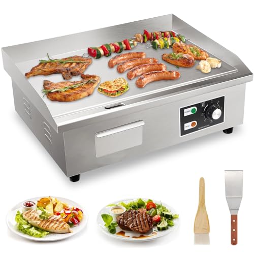 WELIKERA Plancha Eléctrica Comercial de 17 Pulgadas, Inoxidable Plancha de Encimera Eléctrica Industrial, Control de Temperatura Ajustable, Parrilla Plana Eléctrica para Restaurante,110V, 3000W