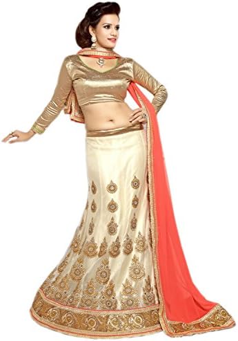 Khushali Presents Embroidered Net Lehenga Choli(Cream,Beige)