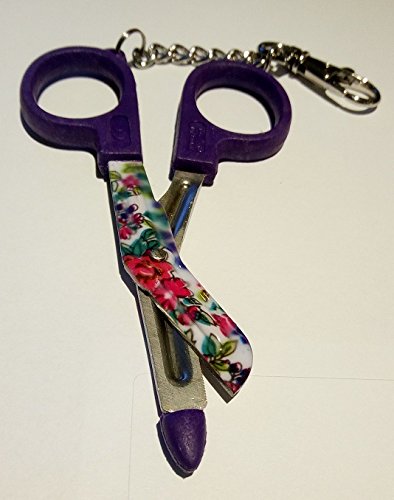 Mini Nurses Utility Scissors with 'Classic Flowers' Pattern Printed Blades - Belt Clip - Lilac Handle