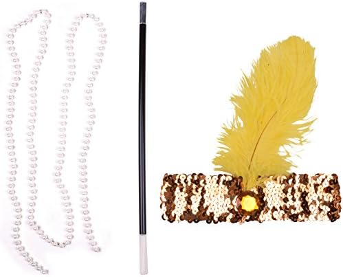 1920s Plastic Cigarette Holders Faux Pearl Necklaces HeadBand For Women Yellow