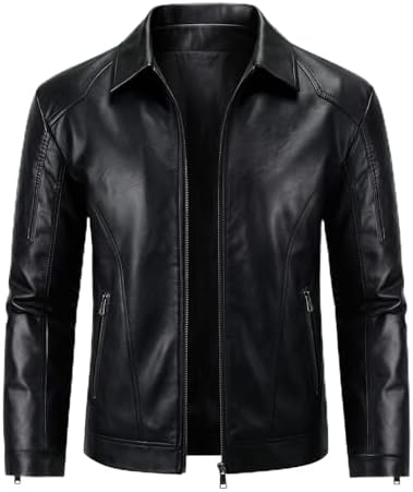 WULFUL Men's Stand Collar Leather Jacket Motorcycle Lightweight