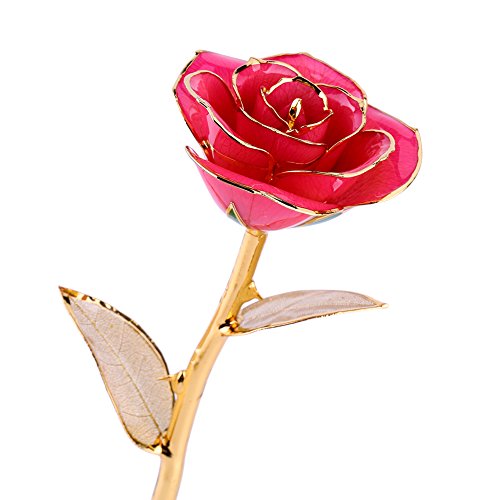 Real Rose Dipped in 24k Gold, Forever Preserved Long Stem Rose with Golden Leaf, Perfect Gift Idea for Her (Pink)