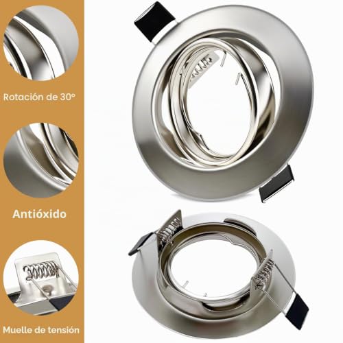 LteelDay Round Recessed Spotlight Frame, Brushed Metallic GU10 with 30° Rotation, Diameter 68-80 mm, Includes GU10 Socket for LED or Halogen Lamps, Pack of 20