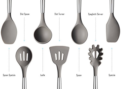 Miusco 7 Piece Silicone Cooking Utensil Set with Stainless Steel Handle & Utensil Holder