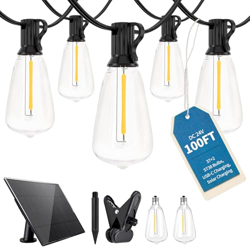 LangPlus+ 30M Solar Festoon Lights Outdoor Waterproof, 37+2 Shatterproof ST38 Edison Bulbs with 3 Lighting Modes, Outside Solar Powered String Lights for Backyard, Patio, Porch, Garden