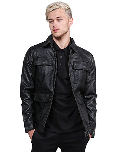 Refined Faux Leather Padding Quilted Lining Jacket Black Size M