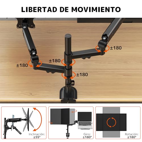 PUTORSEN Soporte para Monitor con Brazo para Laptop para Pantallas de 17 a 35 Pulgadas y Notebooks hasta 18 Pulgadas, Totalmente Ajustable con Resorte de Gas, Carga Máxima de 20 kg, VESA 75/100mm
