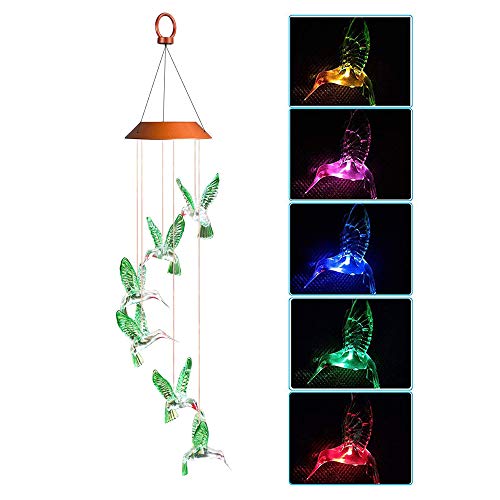 Afirst Hummingbird Wind Chimes 25.6 inches Outdoor Solar Color Changing LED Lights Wind Mobile f ...