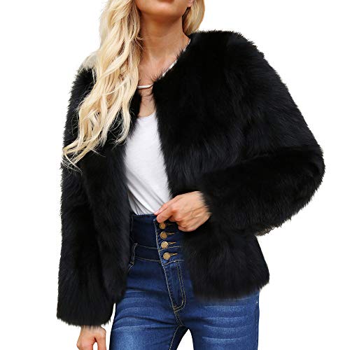 Misaky Women Outerwear Autumn Winter Warm Solid Faux Fur Jacket Parka Large Lapel Coat (Black , XX-Large)