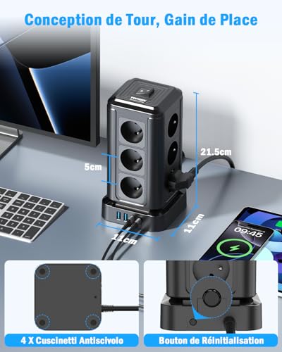 TOPREK Power Strip Tower with 12 French AC Sockets and 1 USB C (20W PD3.0) and 3 USB A and 2 M Electric Extension Cable and 1 Switch, 4000W/16A, Surge Arrester Power Strip for Office and Home, Black