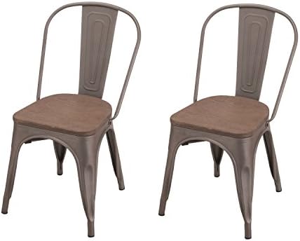 DecentHome Metal Stackable Tolix Style Dining Chairs, Set of 2 (Antique Grey, Wood Seat)