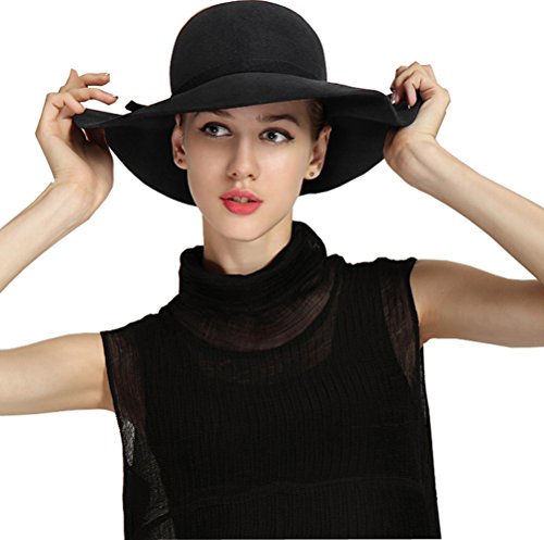 Bienvenu Women's Wide Brim Wool Ribbon Band Floppy Hat Black