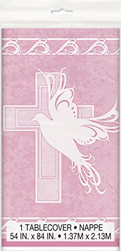 Baptism party supplies table cover dove cross pink