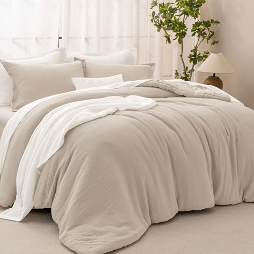 David's Home Cotton Muslin Comforter Set Queen Size, 100% Cotton Cover Ultra-Soft Breathable Lightweight Skin-Friendly for Spring Summer, 3PCS Linen Like Gauze Bedding with Polyester Filling, Natural