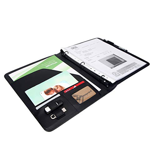 Freeprint 3 Ring Portfolio Binder with Writing Pad - PU Leather Professional Resume Padfolio Folder/Document Organizer for Interview & Business, Black