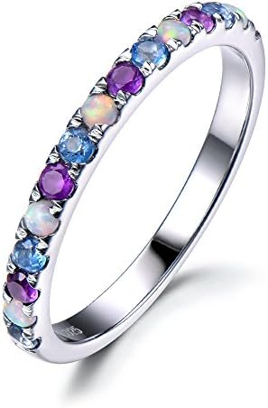 Opal Amethyst Blue Topaz Wedding Band 925 Sterling Silver White Gold Half Eternity Stacking Ring