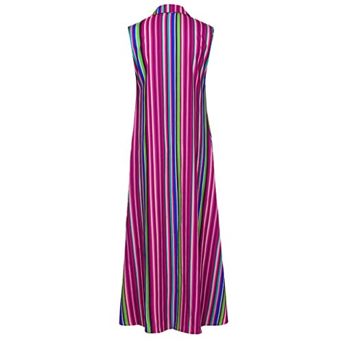 2019 New Womens Bohemia Casual Striple Dress Casual Button Sleeveless Dresses Summer Loose Party Long Maxi Dress (Hot Pink, XL)