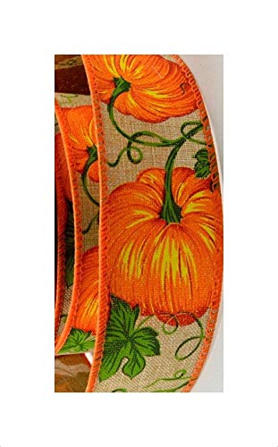 Autumn Fall Harvest Thanksgiving Wire Wired Edge Ribbon - Wreath Wedding Vintage (Cream Burlap with Orange Pumpkins and tendrils 1.5" Wide, 3m)