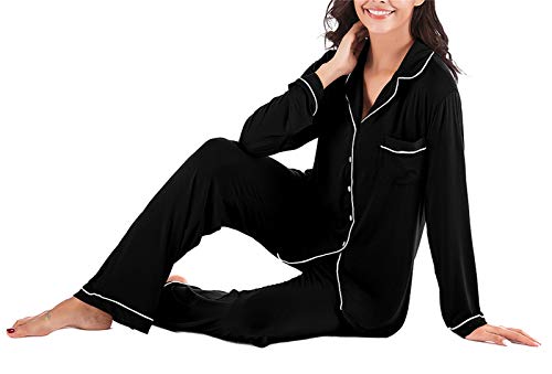 Women\'s Long Sleeve Pajamas Set 2 Piece Nightwear Button Down Sleepwear Soft Pjs Black L