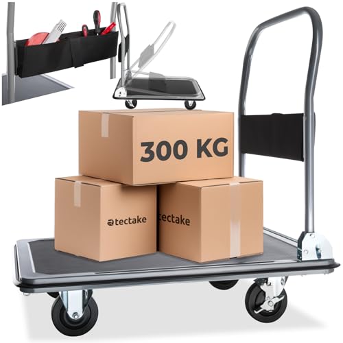 tectake® Plattformwagen 300 kg, Transportwagen klappbar, Transportroller mit Staufach, 2 Blockrollen, Rollwagen Metall, Wagen Transporter, Montagewage