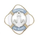 Wooden Nautical Life Ring Wall and Door Hanging Ornament Plaque,Welcome On Board,11.6"x8" Welcome Sign (Anchor)