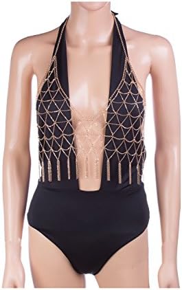 {CN0648 StyleNo1} Women's Sexy Chain Net Bra Body Chain Body Jewelry Bikini Bra Chain Party Body Chain (GOLD)