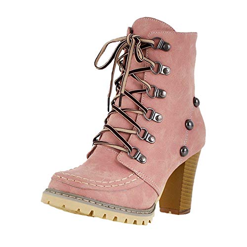 Teresamoon Women‘s Leisure Rivets Shoes Non-Slip Lace-Up High Heel Short Tube Boots (Pink/39) - Thumbnail 6