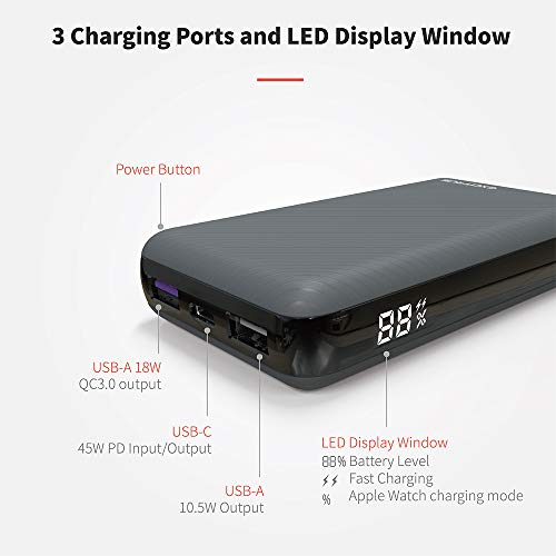 Excitrus 45W Power Bank Air - Ultra Small USB C Portable Charger Fast Charges MacBook Laptop & Surface with Power Delivery 2.0 - Battery Pack Fast Charges Phones Tablet Nintendo Switch with Q.C. 3.0