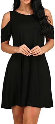 MONIKEEN Women's Summer Cold Shoulder Loose Casual Swing T Shirt Dress Top With Pockets