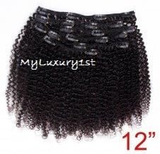 8 Pieces 100 Grams Kinky Curly Afro Clip in Human Hair Extensions Virgin Remy #1b Coils 12"