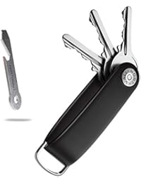 Smart Key Organizer Keychain, 100% Real Leather Compact Key Holder, Secure Locking Mechanism, Pocket Key Chain up to 10 Keys, EDC Stainless Steel Multi-Tool (Black)