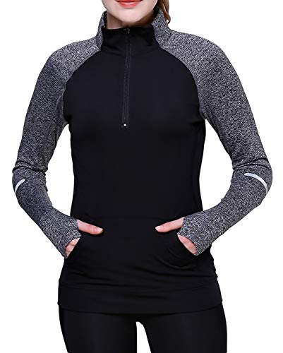 Women Track Jacket Running Thumb Hole Shirts Yoga Tops 1/2 Zip Pullover Long Sleeve Black L