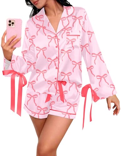 Ekouaer Bow Tie Silky Cute Pjs Sets for Women,Fancy Christmas Pajamas Set at Amazon