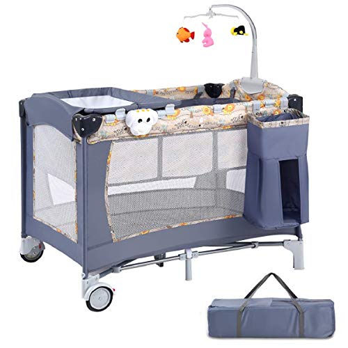 Costzon Baby Playard, paquete portátil 3 en 1 y juego, parque plegable con moisés, cambiador, caja de música, ruedas y freno, canasta, bolsa de transporte Oxford para niños y niñas (gris)