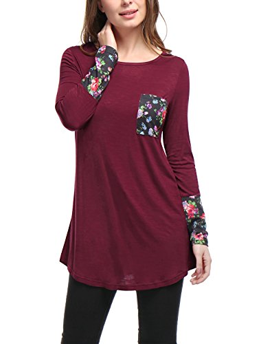 Allegra K Women's Long Sleeves Floral Prints Pocket Tunic Top XS Red
