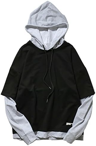 Soulandy hoodie Casual Cotton Hip Hop Solid Fake Two Pieces Mens Long Sleeve Black M