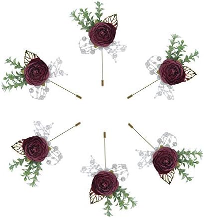 Buery 6 Pieces/lot Wedding Boutonniere Handmade Rose Boutonniere Corsage with Pin, Lapel Pin Rose Wedding Boutonniere for Wedding Prom Party Decor (Wine Red)