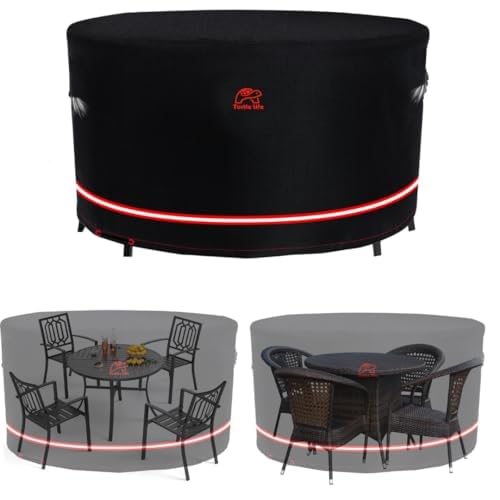 Turtle-Life Garden Furniture Covers, Round Garden Table Cover, Waterproof, Tear Resistant, Durable Outdoor Furniture Table And Chairs Covers Anti-UV with Air Vent Black (Ø205 x H89) cm