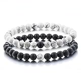 Distance Bracelets for Lovers-2pcs Black Matte Agate &amp; White Howlite 6mm Beads By Long Way (Jewelry)