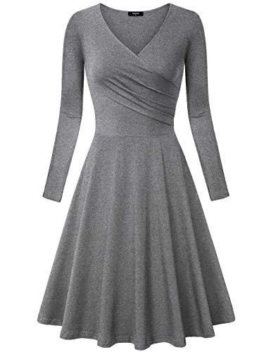 Lotusmile Women's Long Sleeve Elegant Vintage A Line Dress (Medium, Color Grey)